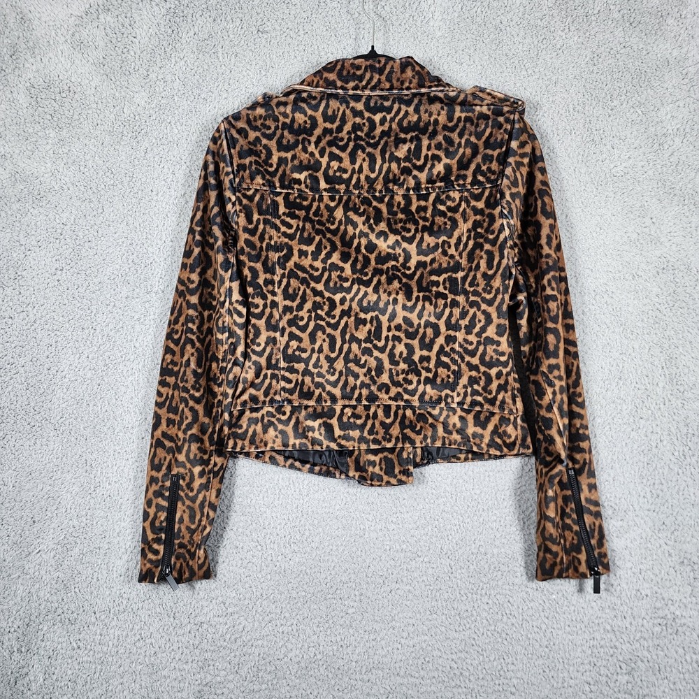 Bebe Leopard Print Moto Jacket Womens S Black Brown Front Zip Mob Wife Rock Y2K - Picture 2 of 14